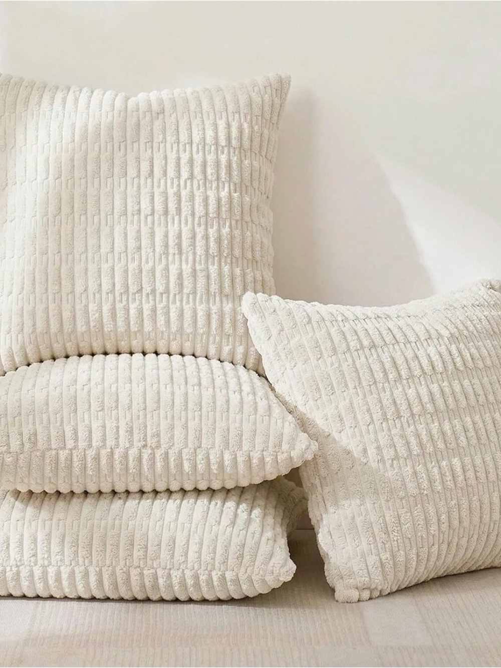 Set of 4-  18x18” Cream Ribbed Decorative Throw Pillow covers w/ zipper closure